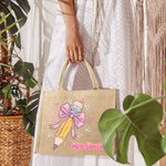 Matita personalizzata Coquette con fiocco rosa Borsa in iuta con nome Grande capacità Regalo di ringraziamento per l'insegnante per il ritorno a scuola