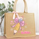 Matita personalizzata Coquette con fiocco rosa Borsa in iuta con nome Grande capacità Regalo di ringraziamento per l'insegnante per il ritorno a scuola