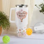 Gepersonaliseerde Retro Flower Pickleball Paddles 40oz Name Tumbler met rietje en handvat Verjaardag Graduation Gift voor sportliefhebber