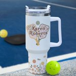 Gepersonaliseerde Retro Flower Pickleball Paddles 40oz Name Tumbler met rietje en handvat Verjaardag Graduation Gift voor sportliefhebber