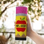 Personalised Glitter Apple Pencil Crayon 20oz Name Skinny Tumbler with Brush and Straw Birthday Appreciation Gift for Teacher
