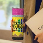 Personalised Glitter Apple Pencil Crayon 20oz Name Skinny Tumbler with Brush and Straw Birthday Appreciation Gift for Teacher