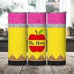 Personalised Glitter Apple Pencil Crayon 20oz Name Skinny Tumbler with Brush and Straw Birthday Appreciation Gift for Teacher
