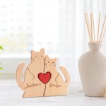 Gepersonaliseerde Houten Schattige Liefdevolle Kat Familie Puzzel met Gegraveerde Namen Bureaudecoratie Verjaardag Jubileum Cadeau voor Koppels