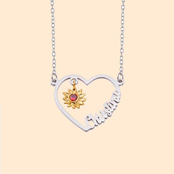 Collier Personnalisé avec Pierre de Naissance et Nom Pendentif en Forme de Coeur Breloque Tournesol Cadeau Anniversaire pour Femme