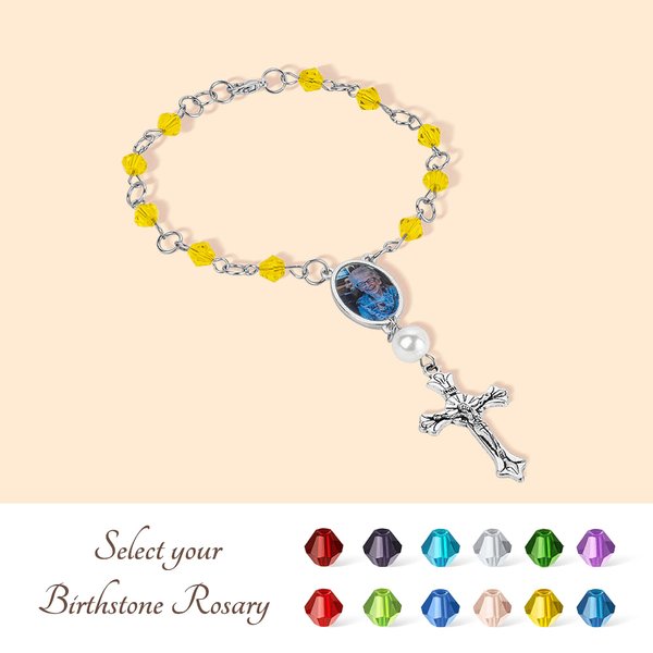 Personalizada Foto Birthstone Auto Car Rosario pulsera con colgante de la Cruz Memorial regalo para la familia amigo