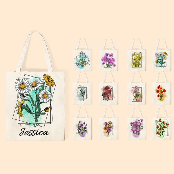 Personalized Watercolour Birth Flower Bouquet Canvas Tote Bag with Name Mother's Day Birthday Gift for Women