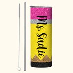 Personalised Glitter Apple Pencil Crayon 20oz Name Skinny Tumbler with Brush and Straw Birthday Appreciation Gift for Teacher