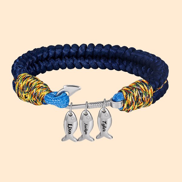 Bracciale nautico con gancio da pesca personalizzato con 1-10 nomi incisi Regalo di compleanno per la festa del papà per gli uomini