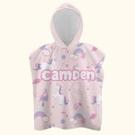 Gepersonaliseerde sneldrogende zandvrije roze cartoon regenboog fantasie eenhoorn strandhanddoek met capuchon en naam verjaardagscadeau zomer voor mei