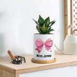 Pot à Plantes en Céramique Personnalisé avec Nom Motif Noeud Papillon Crayon Base en Bambou Cadeau Remerciement Rentrée Scolaire pour Enseignant