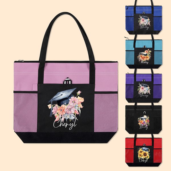 Bouquet floreale personalizzato Borsa Tote con cerniera e nome Accessorio da viaggio di grande capacità Regalo di laurea per lei