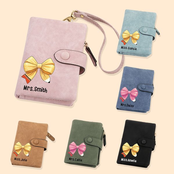 Personalisierte Tri-Fold Coquette Bogen Bleistift Leder Brieftasche mit Namen und Karteninhaber Lehrer Wertschätzung zurück zu Schule Geschenk für Leh