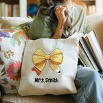 Personalized Pencil Coquette Bow Canvas Tote Bag with Name Teacher's Day Appreciation Back to School Gift for Teacher