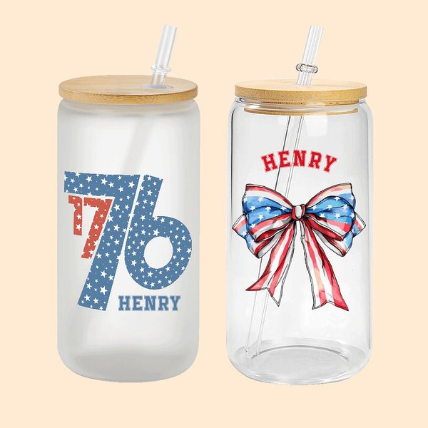 Personlig Amerikansk Flagga 1776 Fluga 20oz Glasmugg med Namn och Sugrör 4:e Juli Independence Day Present till henne