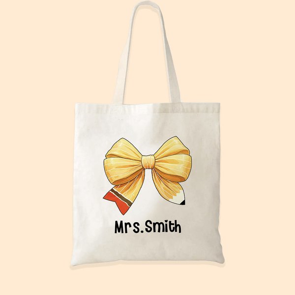 Personalized Pencil Coquette Bow Canvas Tote Bag with Name Teacher's Day Appreciation Back to School Gift for Teacher