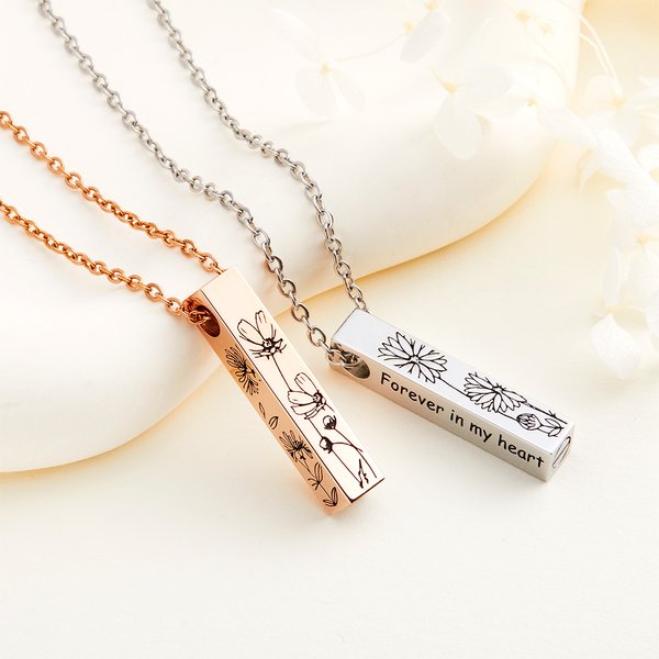 Personalised 1-4 Sides Engraved Ashes Urn Bar Necklace with Birth Flower and Text Cremation Jewellery Memorial Gift for Her