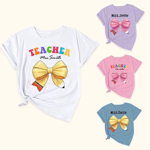 Personalized Pencil Coquette Bow 100% Cotton T-shirt with Name Multicolour Available Appreciation Back to School Gift for Teacher