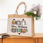Personalizzato Retro matite floreali Borsa di iuta di grande capacità con nome Back to School Regalo di compleanno per l'insegnante