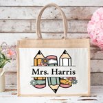 Personalizzato Retro matite floreali Borsa di iuta di grande capacità con nome Back to School Regalo di compleanno per l'insegnante