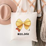 Personalized Pencil Coquette Bow Canvas Tote Bag with Name Teacher's Day Appreciation Back to School Gift for Teacher