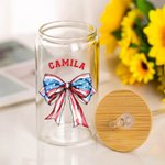 Personlig Amerikansk Flagga 1776 Fluga 20oz Glasmugg med Namn och Sugrör 4:e Juli Independence Day Present till henne