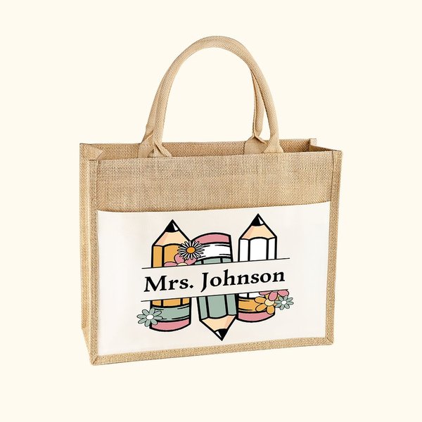 Sac en Jute Personnalisé avec Nom Style de Crayons Cadeau Anniversaire Retour à l'École Fête des Professeurs pour Enseignant