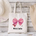 Personalized Pencil Coquette Bow Canvas Tote Bag with Name Teacher's Day Appreciation Back to School Gift for Teacher