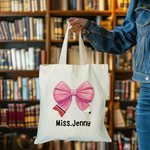 Personalized Pencil Coquette Bow Canvas Tote Bag with Name Teacher's Day Appreciation Back to School Gift for Teacher