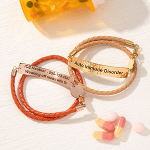 Personlig medisinsk alarm hamret ID-tag Double Wrap PU skinnarmbånd med magnetisk lås og gravert tekst Nødoverlevelsesgave til menn kvinner