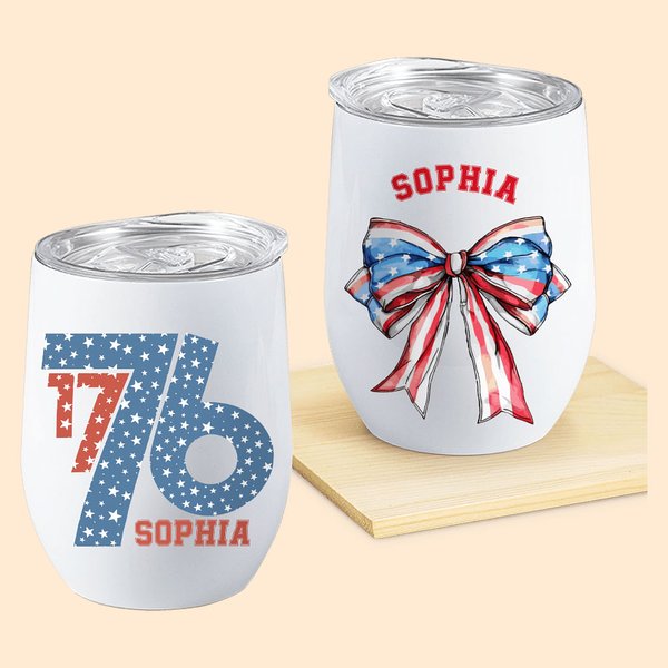 Personlig Amerikansk Flagga 1776 Fluga 12oz Namn Vin Tumbler Cup med halm Independence Day 4th of July Present till familj vän