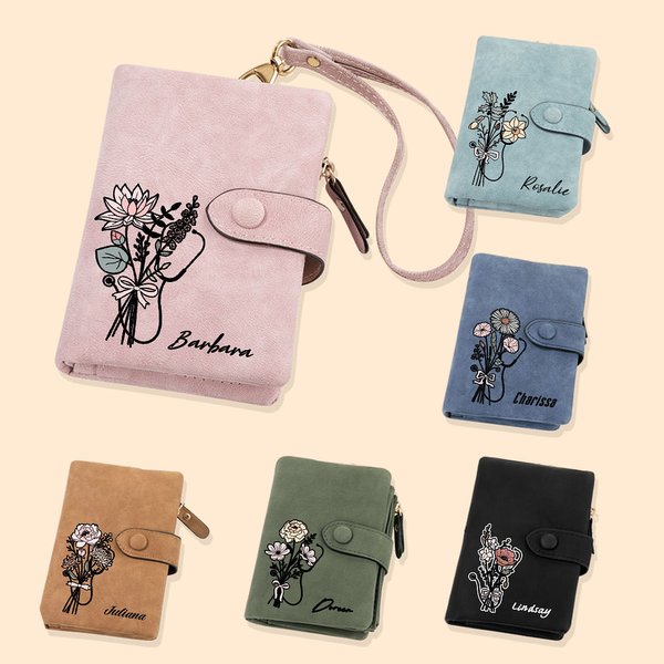 Personalisierte Stethoskop Dreifach-Geldbörse mit Namen Geburtsblumenstrauß Leder Brieftasche Karteninhaber Dankesgeschenk für Krankenschwester Arzt