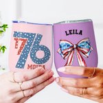 Personlig Amerikansk Flagga 1776 Fluga 12oz Namn Vin Tumbler Cup med halm Independence Day 4th of July Present till familj vän