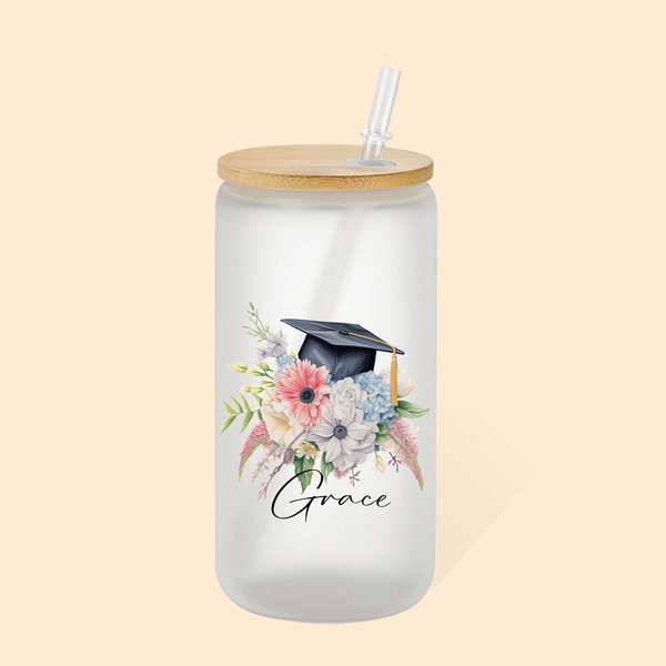 Personalized Floral Graduation Cap 20oz Name Drinking Glasses with Bamboo Lids and Glass Straw Class of 2025 Graduation Gift for Graduates