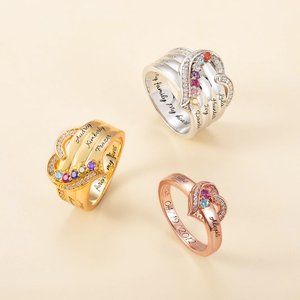 Personalized 1-8 Birthstones Heart Design Ring with Engraved Names Family Jewellery Birthday Mother's Day Gift for Women