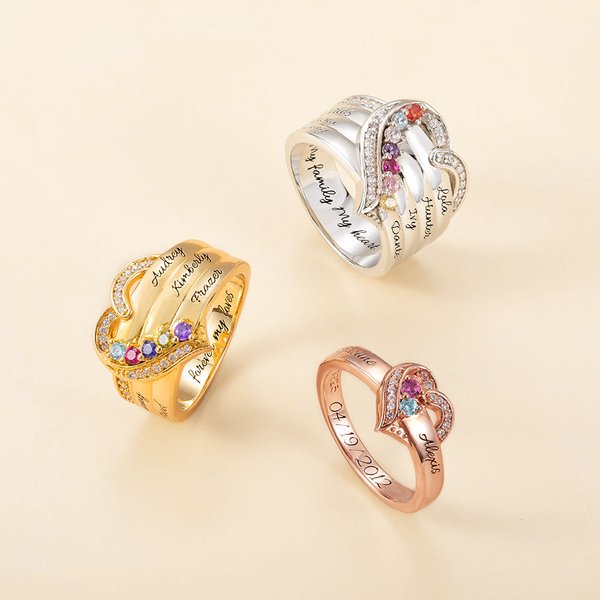 Where Hearts Meet, Love Gleams In Every Stone - Personalized 1-8 Birthstones Heart Family Ring