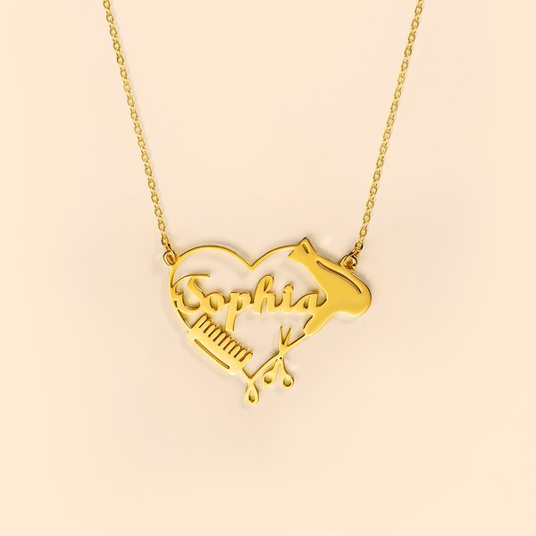 Personalized Heart Scissor Comb Hair Dryer Necklace with Name Minimalist Jewelry Birthday Gift for Stylists Hairdressing Lovers