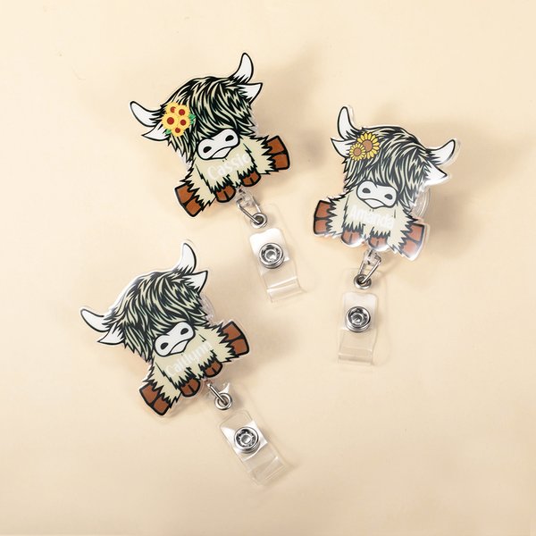 Personalizado lindo girasol Highland Vaca retráctil acrílico Insignia Carrete ID Clip con nombre Regalo de cumpleaños para los amantes de la vaca High