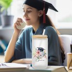 Personalized Floral Graduation Cap 20oz Name Drinking Glasses with Bamboo Lids and Glass Straw Class of 2025 Graduation Gift for Graduates