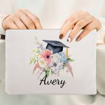 Henkilökohtainen akvarelli kukka Grad Cap Portable pellava meikki laukku nimi ja rannehihna Valmistuminen lahja valmistuneille