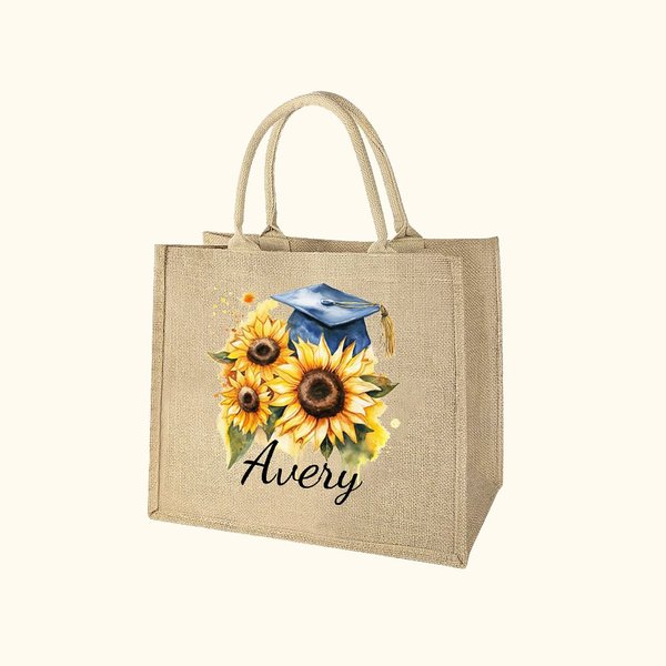 Fiori personalizzati e berretto da laurea Borsa grande in iuta con nome Regalo di laurea per laureati senior