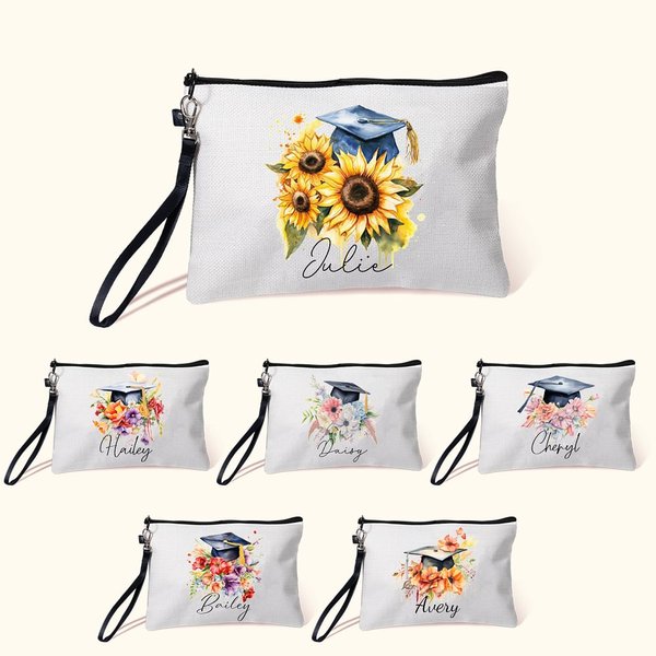 Personalized Watercolour Flower Grad Cap Portable Linen Makeup Bag with Name and Wrist Strap Graduation Gift for Graduates
