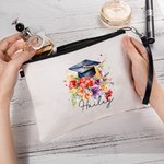Henkilökohtainen akvarelli kukka Grad Cap Portable pellava meikki laukku nimi ja rannehihna Valmistuminen lahja valmistuneille