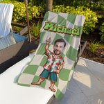 Personalisiertes Retro Kariertes Cartoon Strandtuch mit Gesicht Foto und Namen Mikrofaser Urlaub Badeanzug-Party Geschenk für Freundin Freund