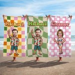 Personalisiertes Retro Kariertes Cartoon Strandtuch mit Gesicht Foto und Namen Mikrofaser Urlaub Badeanzug-Party Geschenk für Freundin Freund