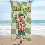 Personalisiertes Retro Kariertes Cartoon Strandtuch mit Gesicht Foto und Namen Mikrofaser Urlaub Badeanzug-Party Geschenk für Freundin Freund