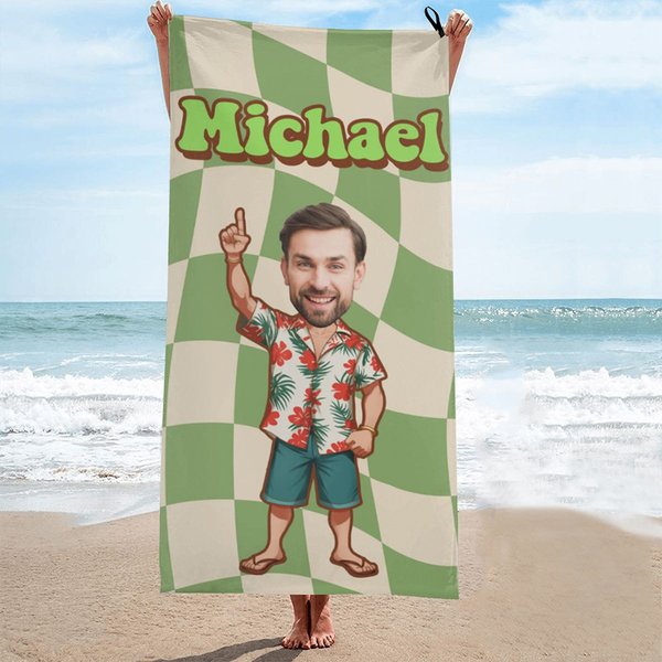 Personalisiertes Retro Kariertes Cartoon Strandtuch mit Gesicht Foto und Namen Mikrofaser Urlaub Badeanzug-Party Geschenk für Freundin Freund