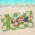 Personalisiertes Retro Kariertes Cartoon Strandtuch mit Gesicht Foto und Namen Mikrofaser Urlaub Badeanzug-Party Geschenk für Freundin Freund