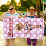Personalisiertes Retro Kariertes Cartoon Strandtuch mit Gesicht Foto und Namen Mikrofaser Urlaub Badeanzug-Party Geschenk für Freundin Freund