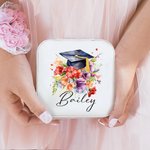 Gepersonaliseerd boeket bloemen afstudeerhoofd leren juwelendoos met naam draagbaar afstudeergeschenk voor haar